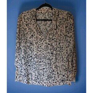 Ann Taylor Loft Floral Top Small Cream/Black Long Sleeve Necktie